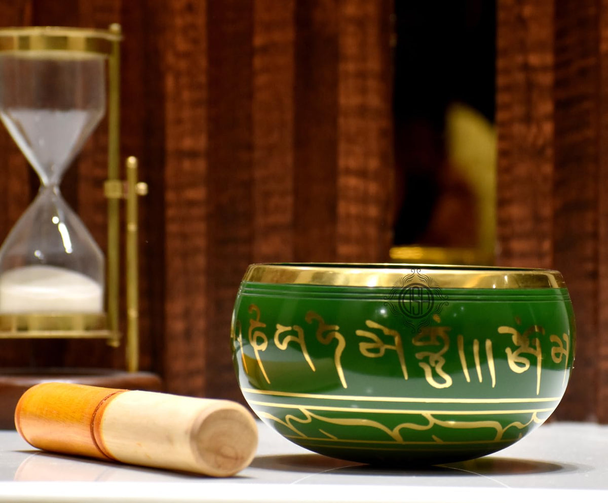 DSH Tibetan Singing Bowl Handcrafted Meditation Sound Bowl Easy To Play Vibration Therapy Praying Bowl (Green-5.5 inch)