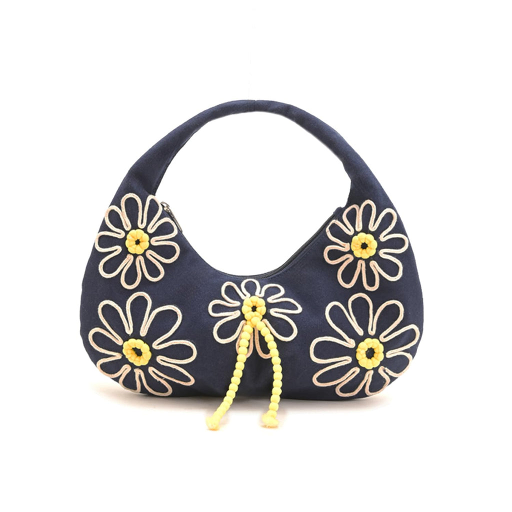 Boho Girl Indigo Blossom Tote Bag – Navy Blue Floral Handbag for Women with Embroidered Flowers, Padded Handle & Ribbon Detail – Chic Shoulder Bag for Travel, Brunch (Black & White)