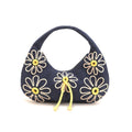 Boho Girl Indigo Blossom Tote Bag – Navy Blue Floral Handbag for Women with Embroidered Flowers, Padded Handle & Ribbon Detail – Chic Shoulder Bag for Travel, Brunch (Black & White)