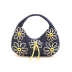 Boho Girl Indigo Blossom Tote Bag – Navy Blue Floral Handbag for Women with Embroidered Flowers, Padded Handle & Ribbon Detail – Chic Shoulder Bag for Travel, Brunch (Black & White)