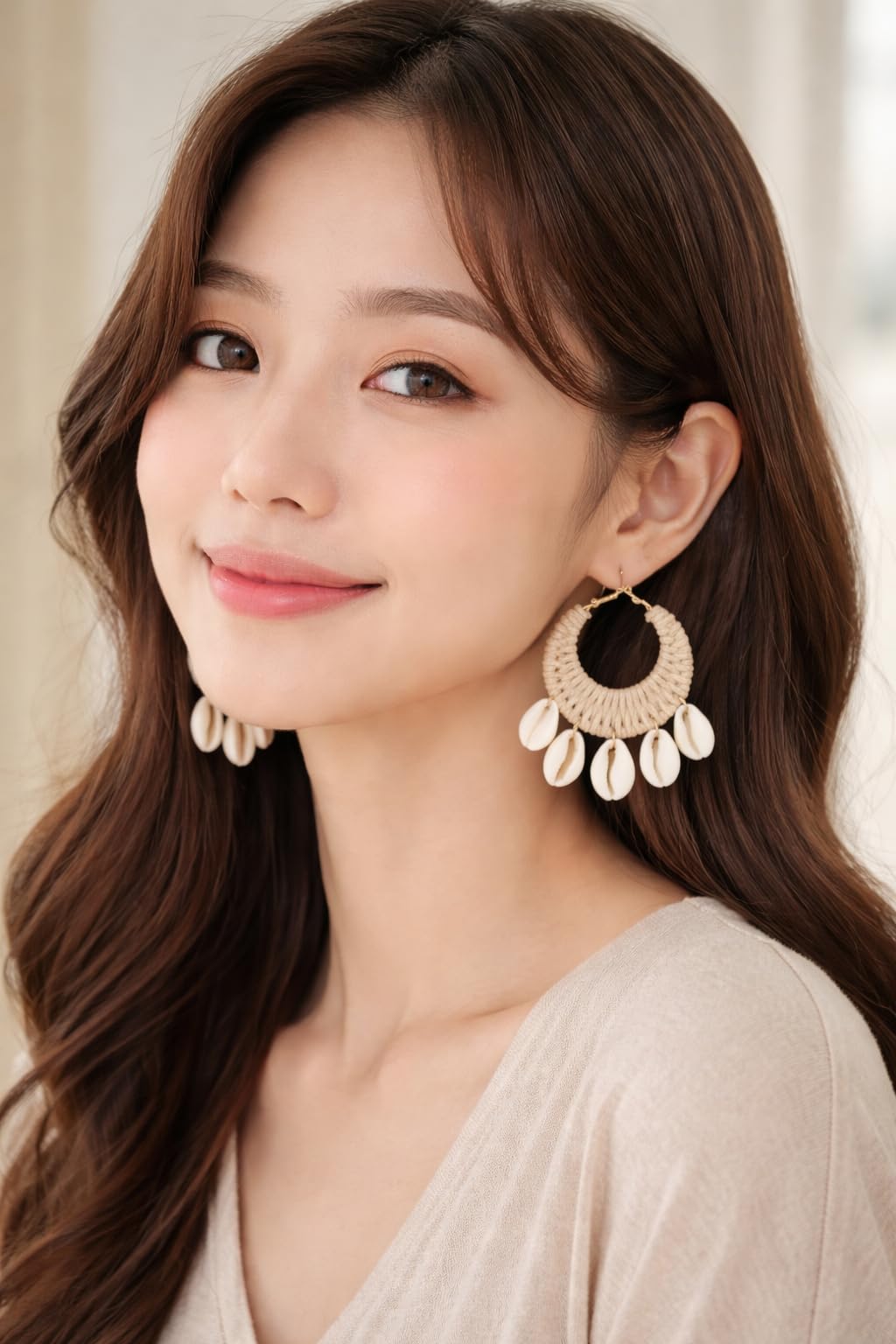 TR haute Boho Cowrie Shell Earrings for women and girl, Handmade Macrame Hoop Design with Natural Seashells, Beach Style Statement Jewelry, Cream Color , lightweight, daily, party and office style earring.