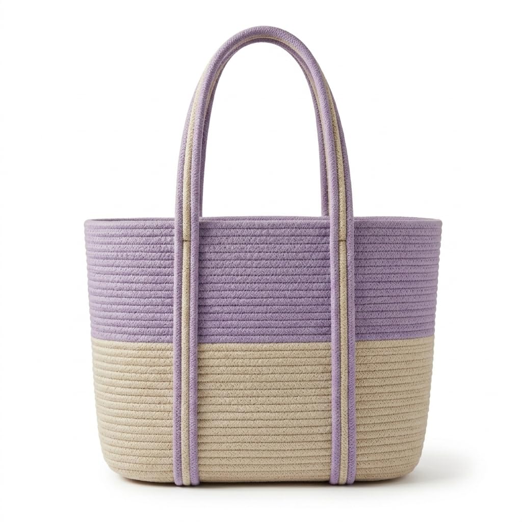 Loom & Luster Handwoven Jute Tote Bag Dual Tone Summer Shoulder Bag | Lightweight Eco-Friendly Handbag for girls and woman (White & Purple)