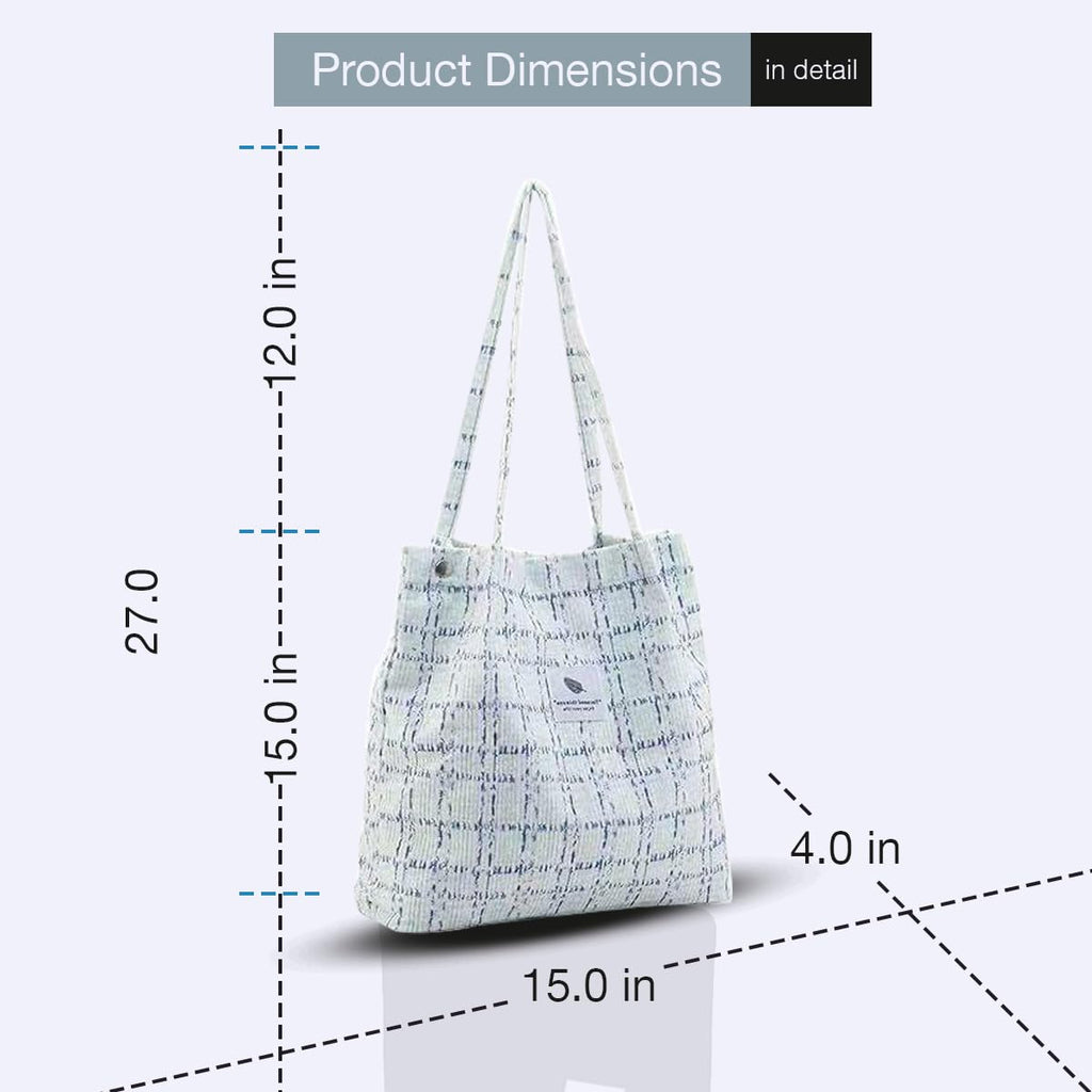 Lyrovo Women Corduroy Shoulder Tote Bag for Work Beach Travel and Shopping Grocery (Blue Checkered)