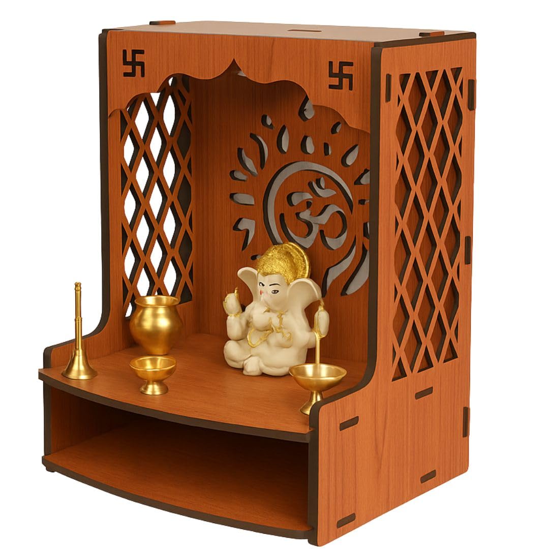 Anchara Wooden Temple for Home | Handcrafted Pooja Mandir | Wall Mounted Mandir for Pooja Room | Small Home Temple for Ram, Krishna, Ganesh, Sai Baba Size (H- 15.5, L- 11.5, W-11 Inch)