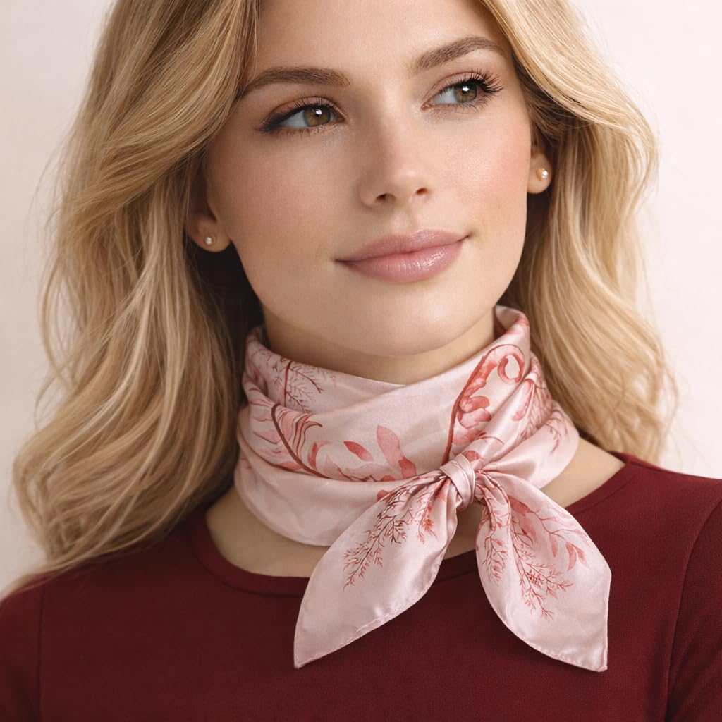 AMN Trendzz Satin Silk Scarf for Women, Stylish Satin Scarf 65×65 cm Square, Scarf for Women Elegant Head and Neck Accessory for Fashion, Travel and Gifting. (Botanical Fern – Pink & Brown)