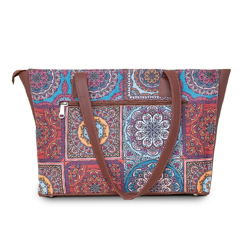 ZOUK Multicolour Mandala Printed Jute Handcrafted Vegan Leather Women's Multicolor Structured Tote Bag