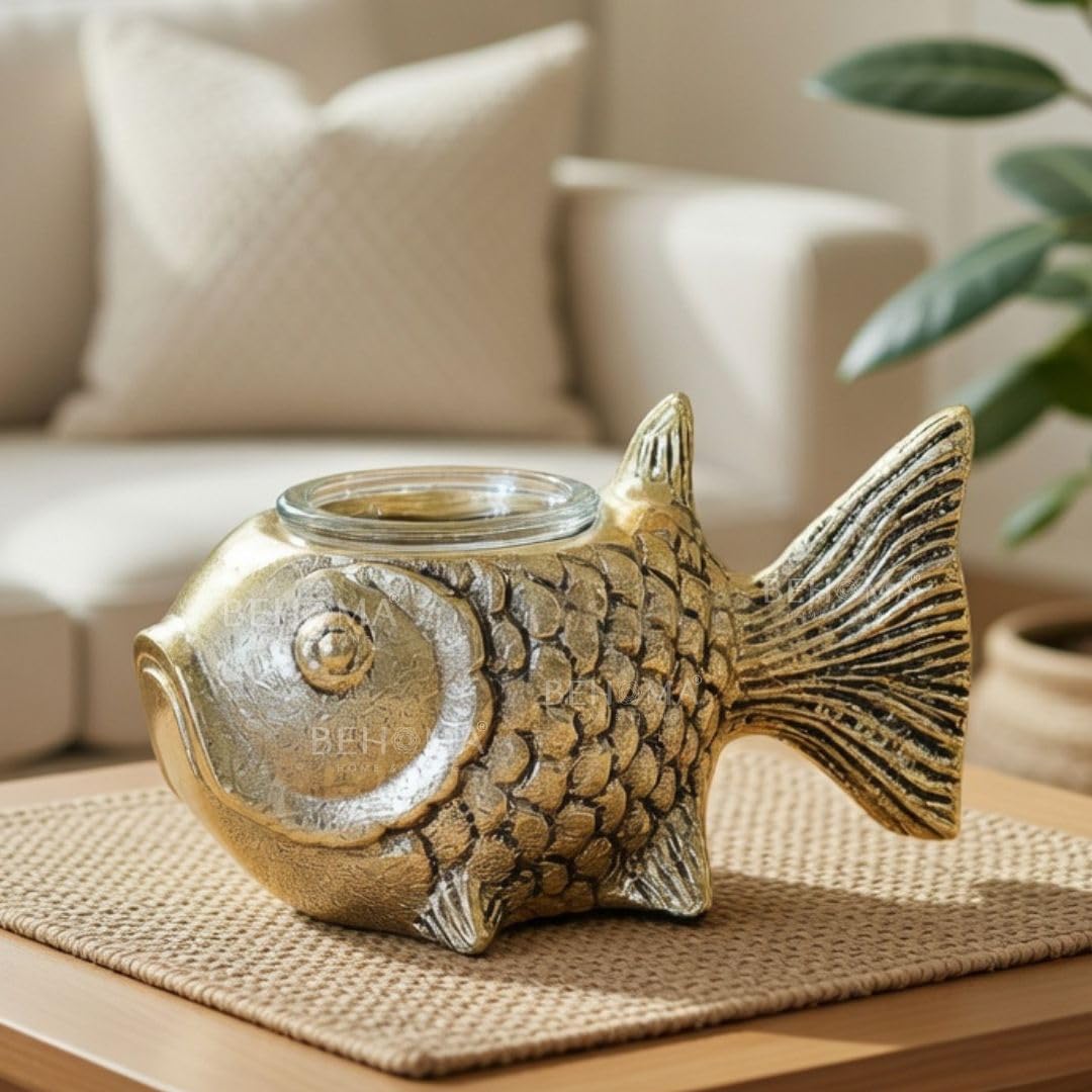 BEHOMA Metal Fish Figurine for Good Luck, Gold, 13.5cm