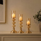 Hurricane Pillar Candle Holder Set of 3, Gold Metal Base with Marble Stone Accents, Amber Glass Cover, 24cm/41cm/48cm (Candles are not Included)