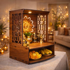 HNA Mangal Beautiful Wooden Pooja Stand for Home, Temple, Office, Wall Mounted Puja Mandir with LED Spot Light, Size (H- 15.5, L- 11.5, W-11 Inch)