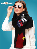 Pick Ur Needs Women Winter Woolen Muffler with Trendy Patch Design Soft Warm Knitted Scarf for Girls & Ladies Stylish Casual Mufflers (Black)