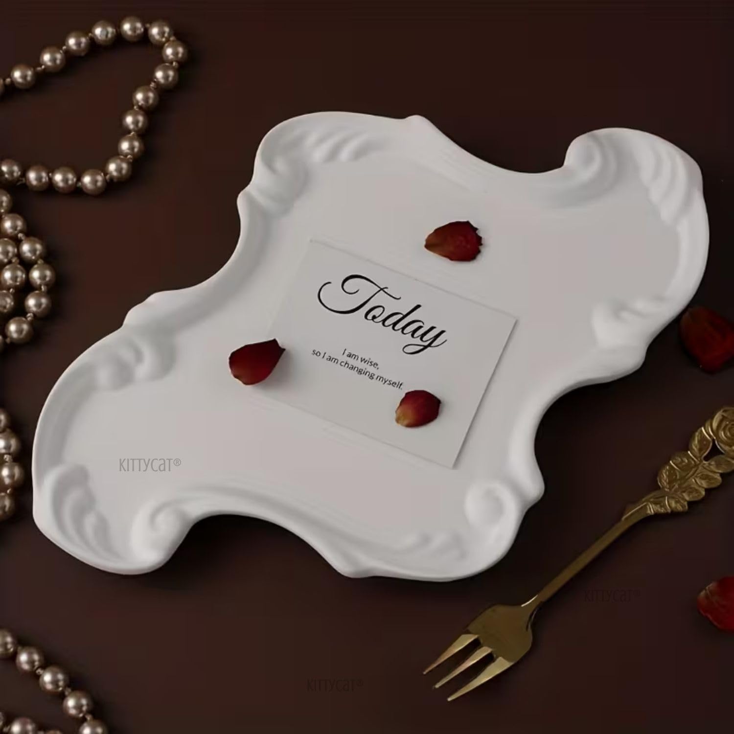 Kitty Cat® Aesthetic Baroque Concreate Trinket Tray for Jewelry & Candles – Vintage Decorative Vanity Tray for Rings, Keys, Perfume | Elegant Home Décor Accent for Bedroom, Bathroom & Hotel Styling