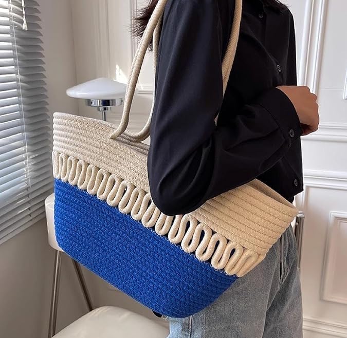 BEAUTIFUL HOMMIES Attractive Hand Bag |large Tote Bag |Summer Bag | Bucket Bag | Basket Bag | Bamboo Tote | Beach Bags for Women|Boho Bag|Handbag |Jute Bag |Handmade Bag (BEIGE BLUE)