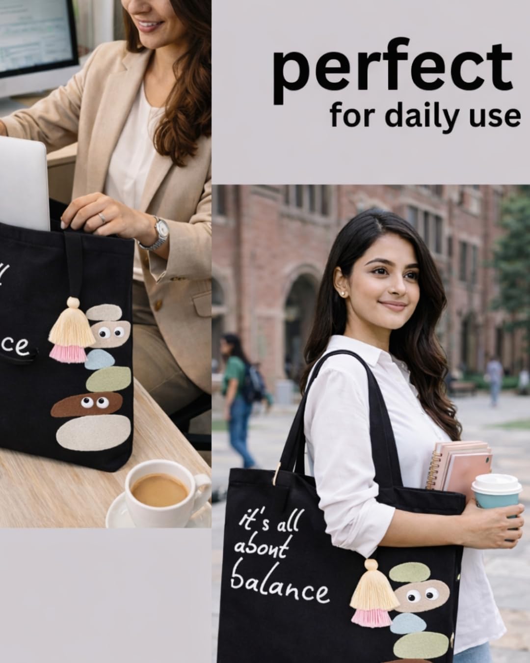 MASQ Premium ToteBag for Women with Zipper | Embroidered Foldable Shoulder Bag with Multiple Pockets | Spacious Handbag for College & Office | Eco-Friendly & Reusable