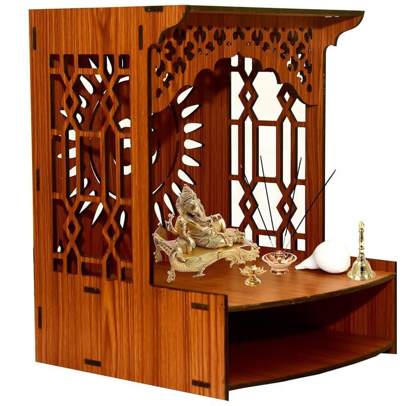 ZUPER Wood Fully Handmade Om Carved Pattern with LED Spot Light Home Temple I Temple for Office I Dev Ghar I Hanging Stand for Puja (Brown-5) (Pack of 1)