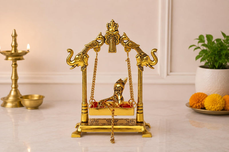 KridayKraft Decorative Metal Krishna Jhoola with Elephant Design - 19 cm Gold Plated Laddu Gopal Jhula for Temple, Return Gifts & Janmashtami Puja