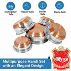 Nirvika Stainless Steel Handi Set Copper Bottom Handi With Lid Kitchen Serving,Cooking Bowl |Cookware Set/Urli Set 5-Pieces | Patila Bhagona, 1500 Milliliter - 1500 Ml, Multicolor