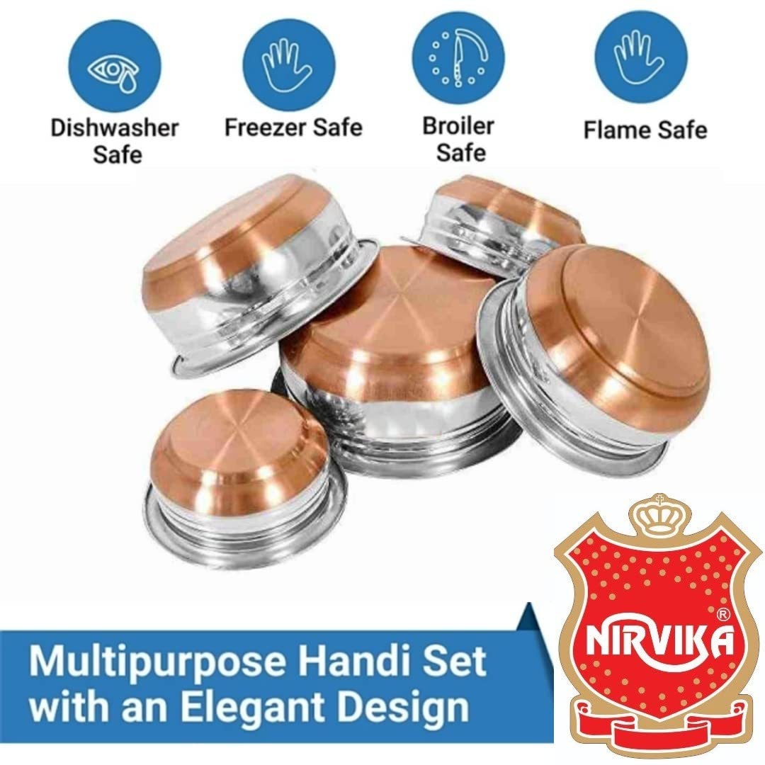 Nirvika Stainless Steel Handi Set Copper Bottom Handi With Lid Kitchen Serving,Cooking Bowl |Cookware Set/Urli Set 5-Pieces | Patila Bhagona, 1500 Milliliter - 1500 Ml, Multicolor