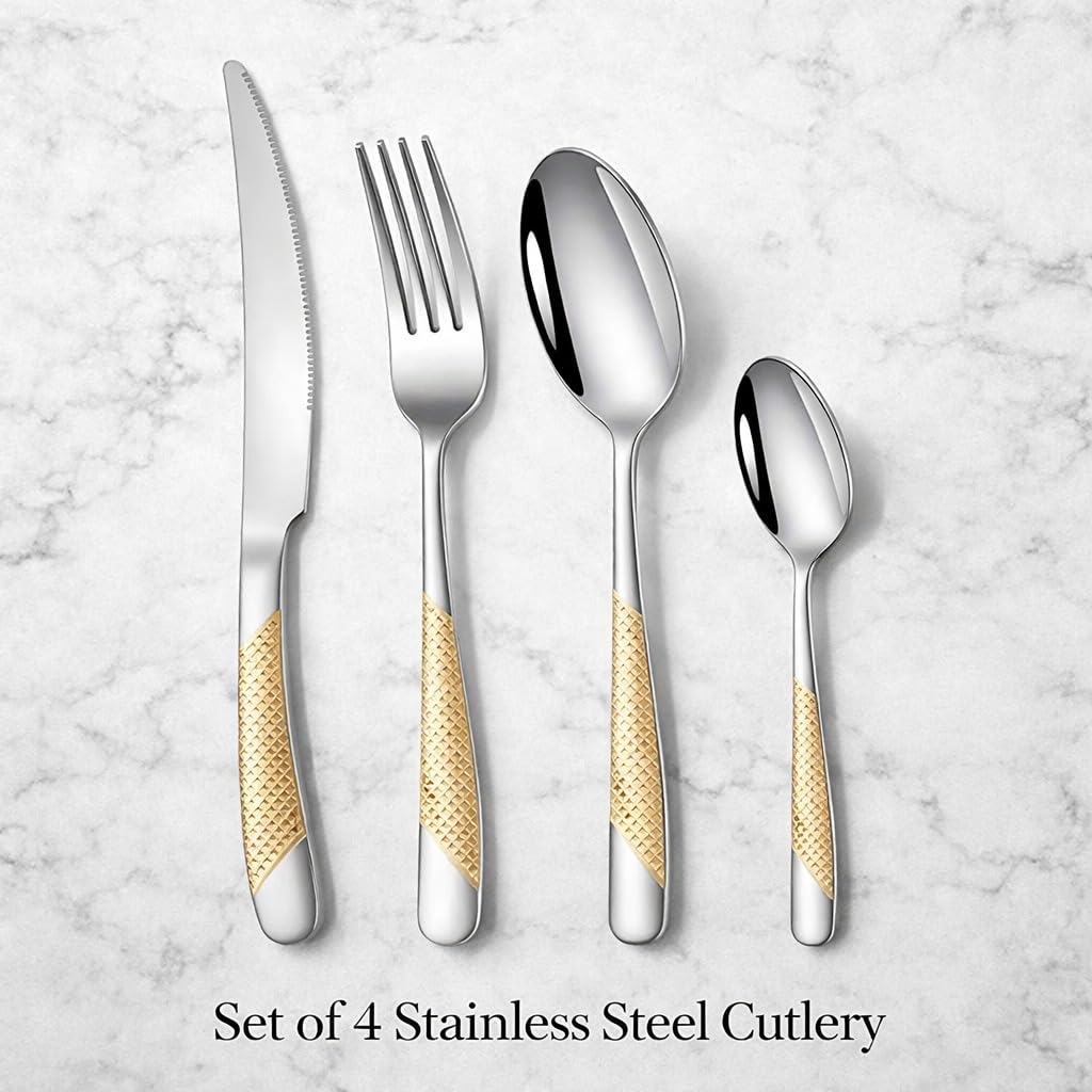 ANH MART Mirror Finish Gold Plated Stainless Steel Flatware Set Copper Silverware Set Rose Gold Spoon Color Cutlery Set [Dinner Fork-Tea Spoon-Salad Spoon-Knife] Set of (Golden DOT, 16)