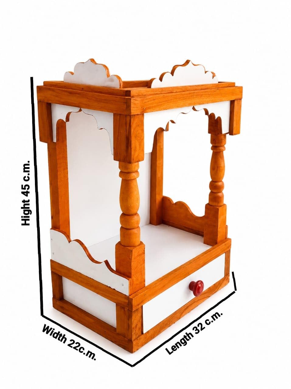 Premium Handcrafted Wooden Mandir for Home & Office | Compact Open Pooja Temple with Storage Drawer (45 x 32 x 22 cm) | Natural Teak Wood & White.