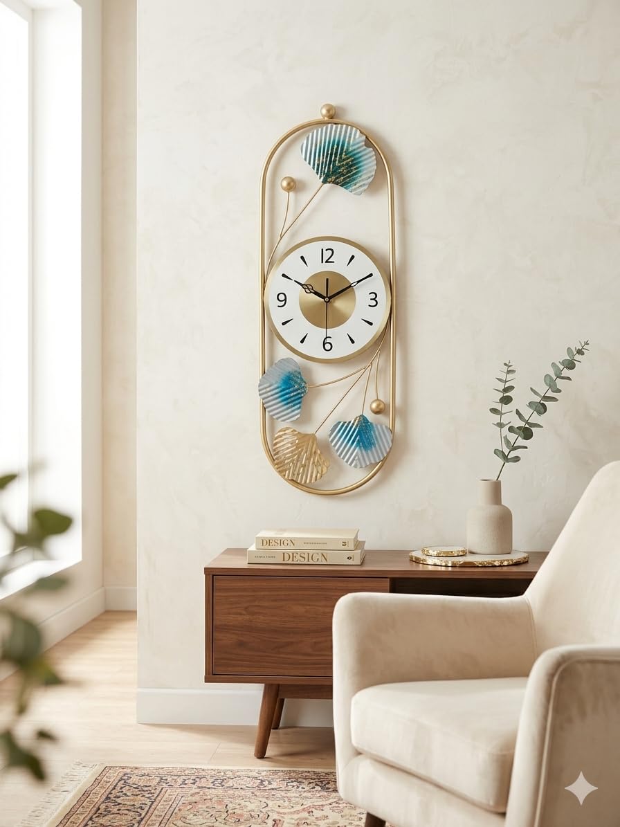 Mahira Artefacts Luxury Modern Metal Wall Clock with Blue Ginkgo Leaf Art, Golden Oval Frame, Silent Non-Ticking