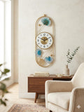 Mahira Artefacts Luxury Modern Metal Wall Clock with Blue Ginkgo Leaf Art, Golden Oval Frame, Silent Non-Ticking