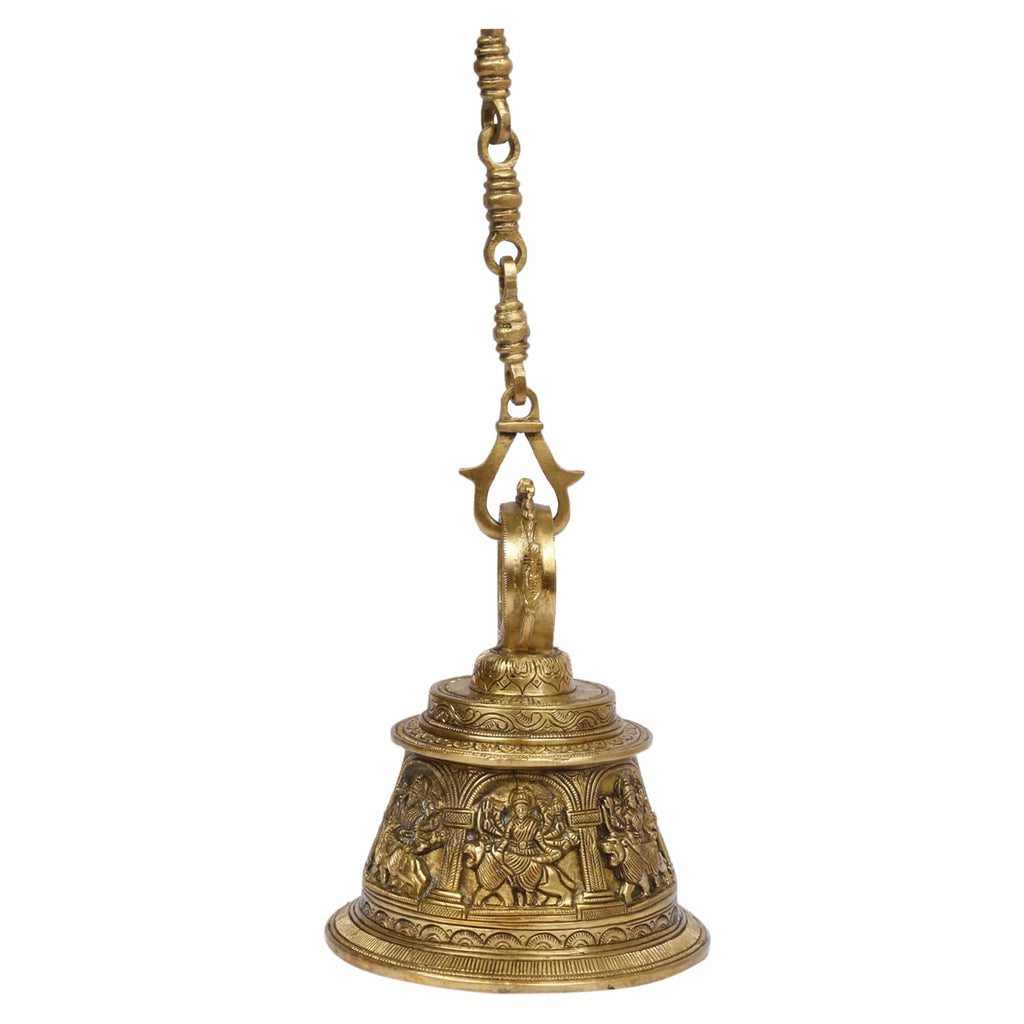 Artvarko Goddess Maa Durga Engraved Sherawali Brass Big Bell with Chain Hanging for Pooja Puja Room Mandir Ghanta Home Entrance Décor