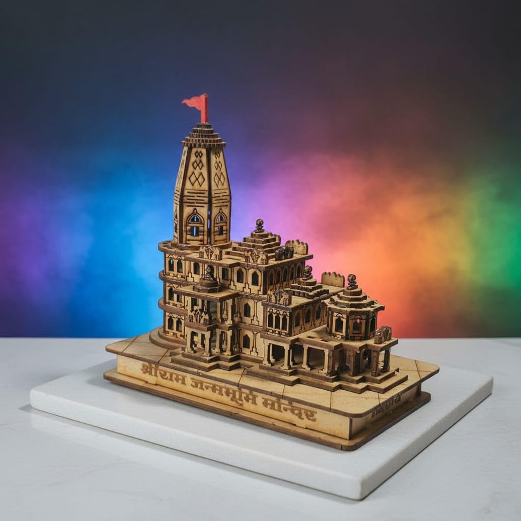 Decorative Wooden Temple Model with LED Lights, Handcrafted Architecture Design, Traditional Indian Mandir for Home