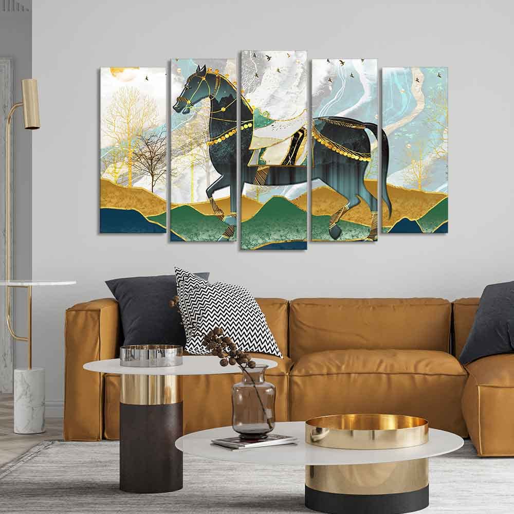 VIBECRAFTS Premium Wall Painting of Horse and Golden trees of Five Pieces For Home|Office|Living Room|Gift (PTVC5Pcs2_6607)