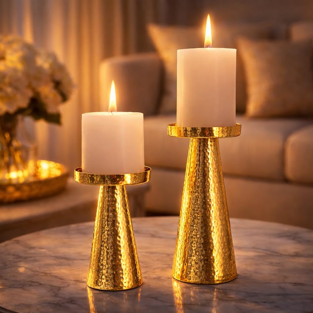 CentraLit Set of 2 Candle Stand for Home Decor | Modern Hammered Candle Holder Stand with Brass Gold Finish | Diwali Home Decor Candle Stand for Living Room, Altar & Christmas Decoration