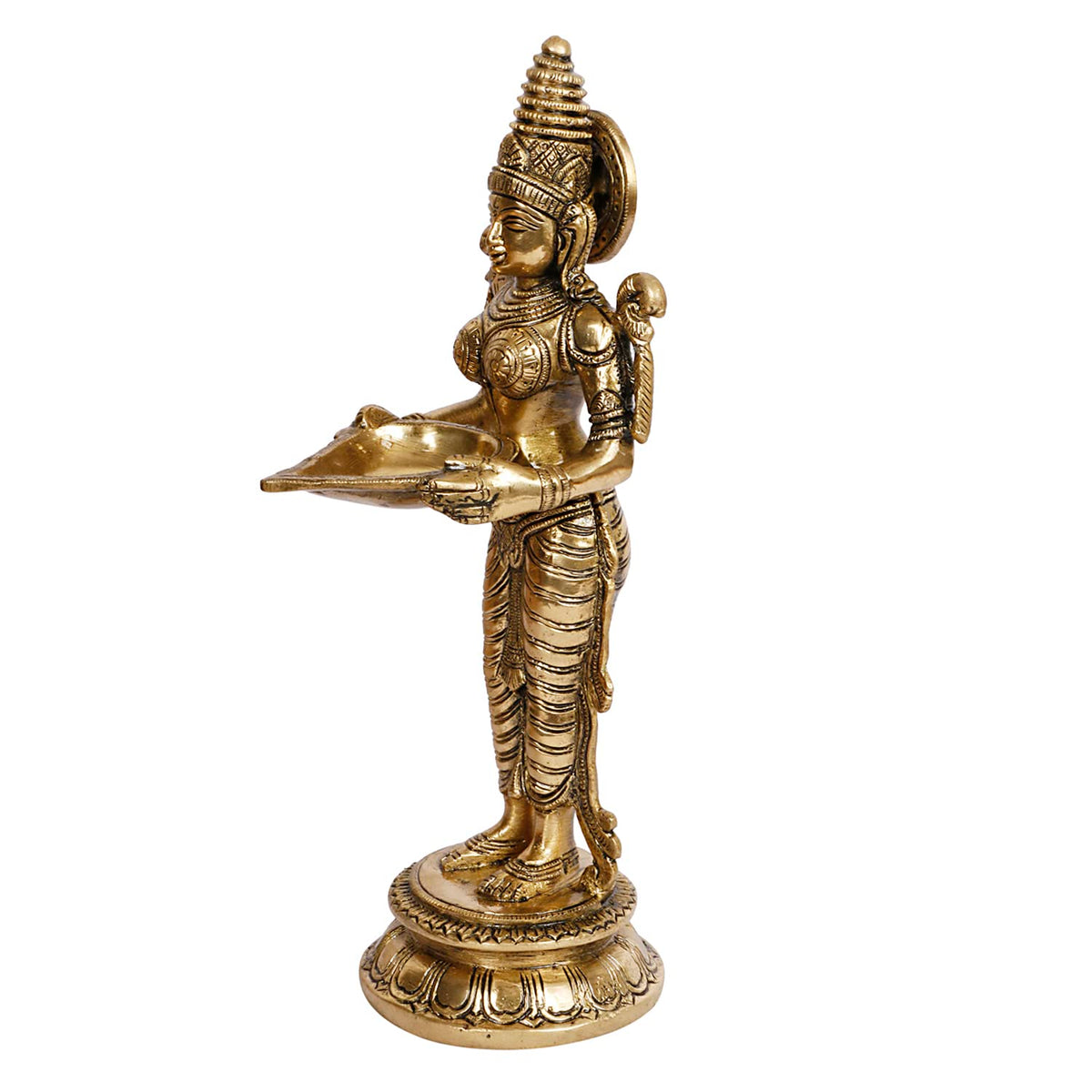 ARTVARKO Brass Deepalakshmi Idol Statue | Goddess Lakshmi Diya Oil Lamp Holder | Handmade Laxmi Murti for Pooja Room Mandir Home Decor Diwali Gift | Glossy Gold Finish | 11.5 Inch