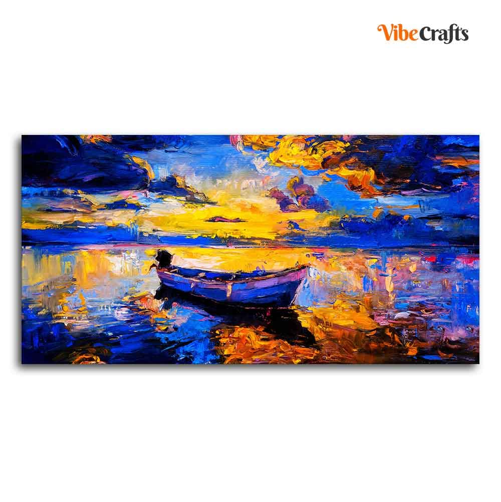 VIBECRAFTS Boat Sunset over Ocean Premium Canvas Wall Painting With Frame for Living Room Drawing Room Home|Office|Gift (PTVCH_2227N)