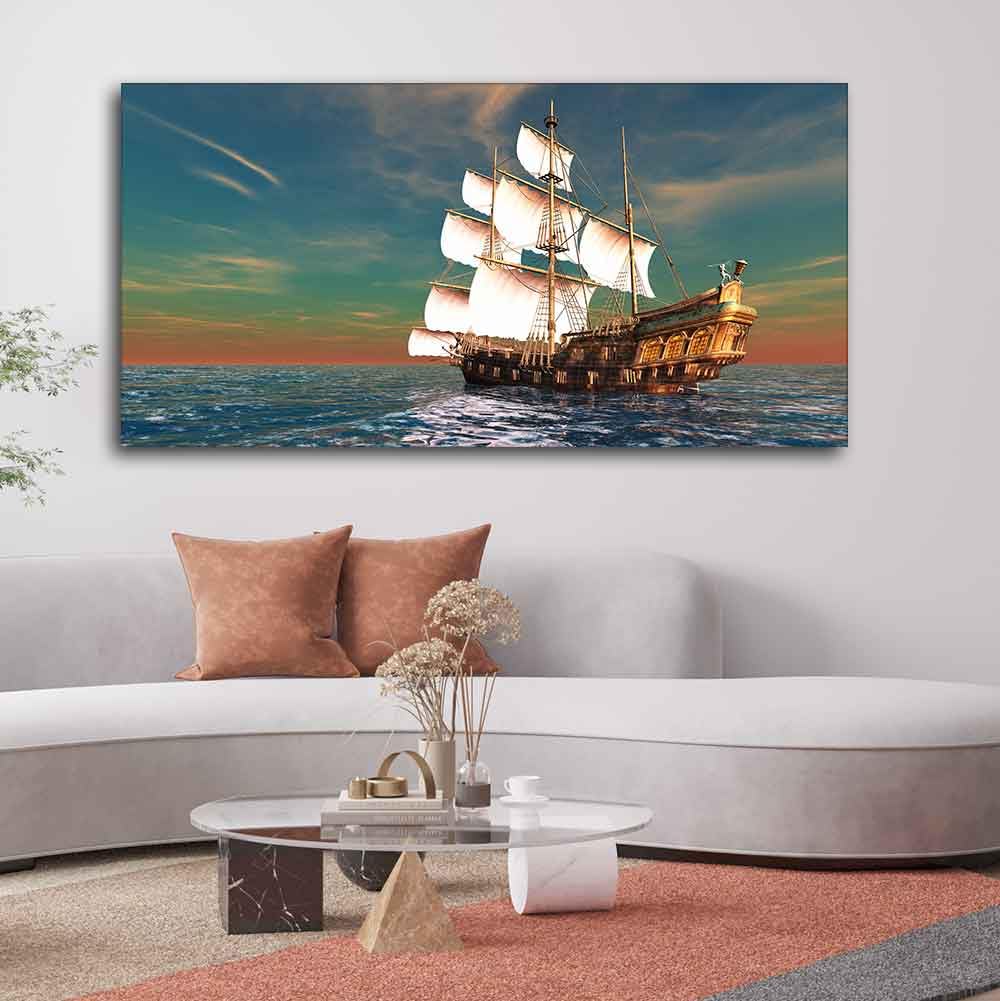 VIBECRAFTS Sailing Ship On the Ocean Canvas Wall Painting With Frame for Living Room Drawing Room Bedroom Home|Office|Gift (PTVCH_2203NN)