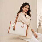 Carrylux Women's Soft & Lightweight Tote Bag | Handbag | 14-inch Laptop Space | Ivory & Tan (Ivory Tan)