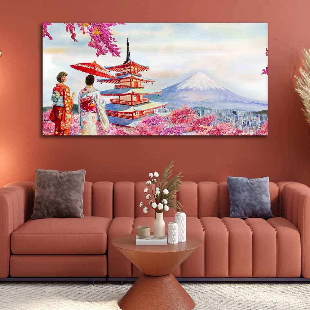 VIBECRAFTS Canvas Paintings for Living Room Drawing Room Women In Kimono Canvas Wall Painting Fitted With Wooden Frame For Home | Office | Living Room | Gifts (PTVCH_2549)(48 x 24 Inches)
