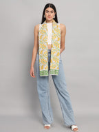 Ravaiyaa - Attitude is everything Female Cotton Women White & Yellow Hand Block Leaf Printed Scarf 71 X 21 Inch
