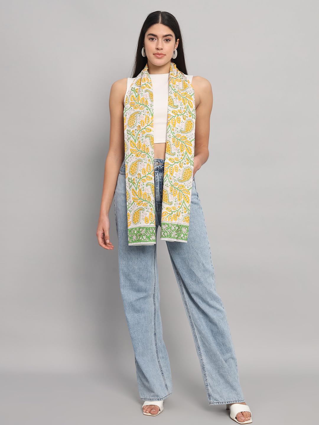 Ravaiyaa - Attitude is everything Female Cotton Women White & Yellow Hand Block Leaf Printed Scarf 71 X 21 Inch