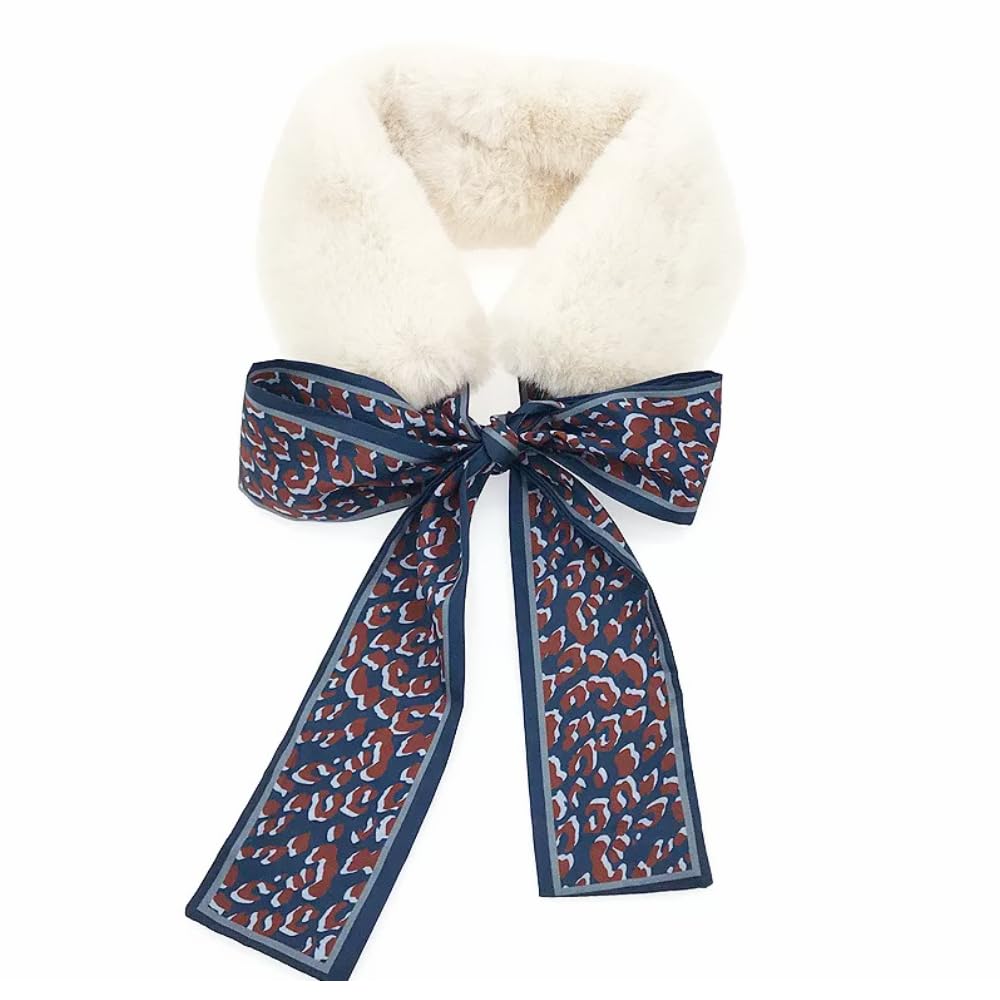 THE DDS STORE Winter Women Faux Fur Collar Leopard Print Scarves Plush Wrap Korea Bow Tie Neck Warmer Formal Party Shawl (White)