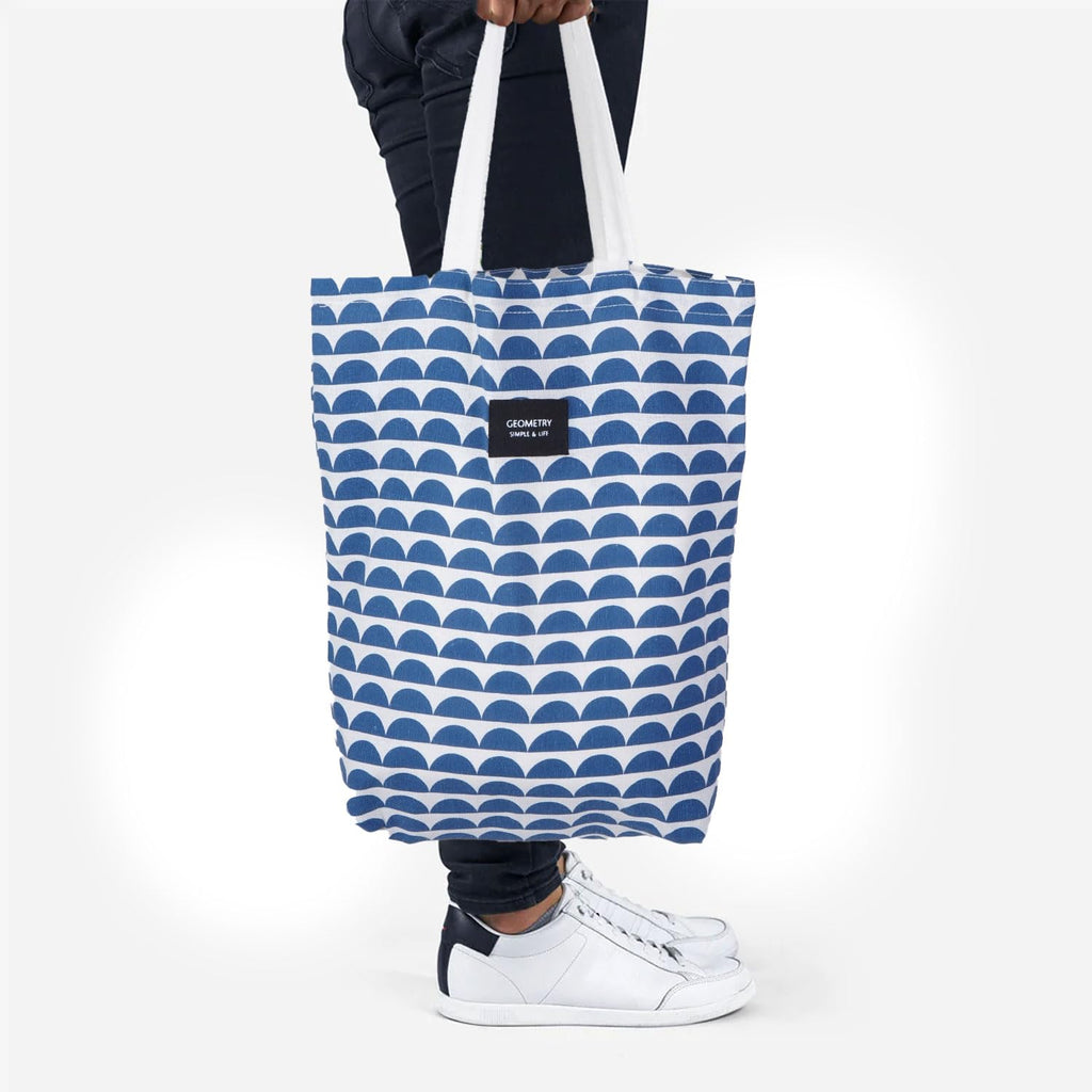 Blissowl Cotton Canvas Tote Bag with Zipper, Large Capacity Shopping Bags, Reusable Printed Bags for Grocery, Shopping, Work & Beach - White and Blue (16.5 x 14.5Inch)