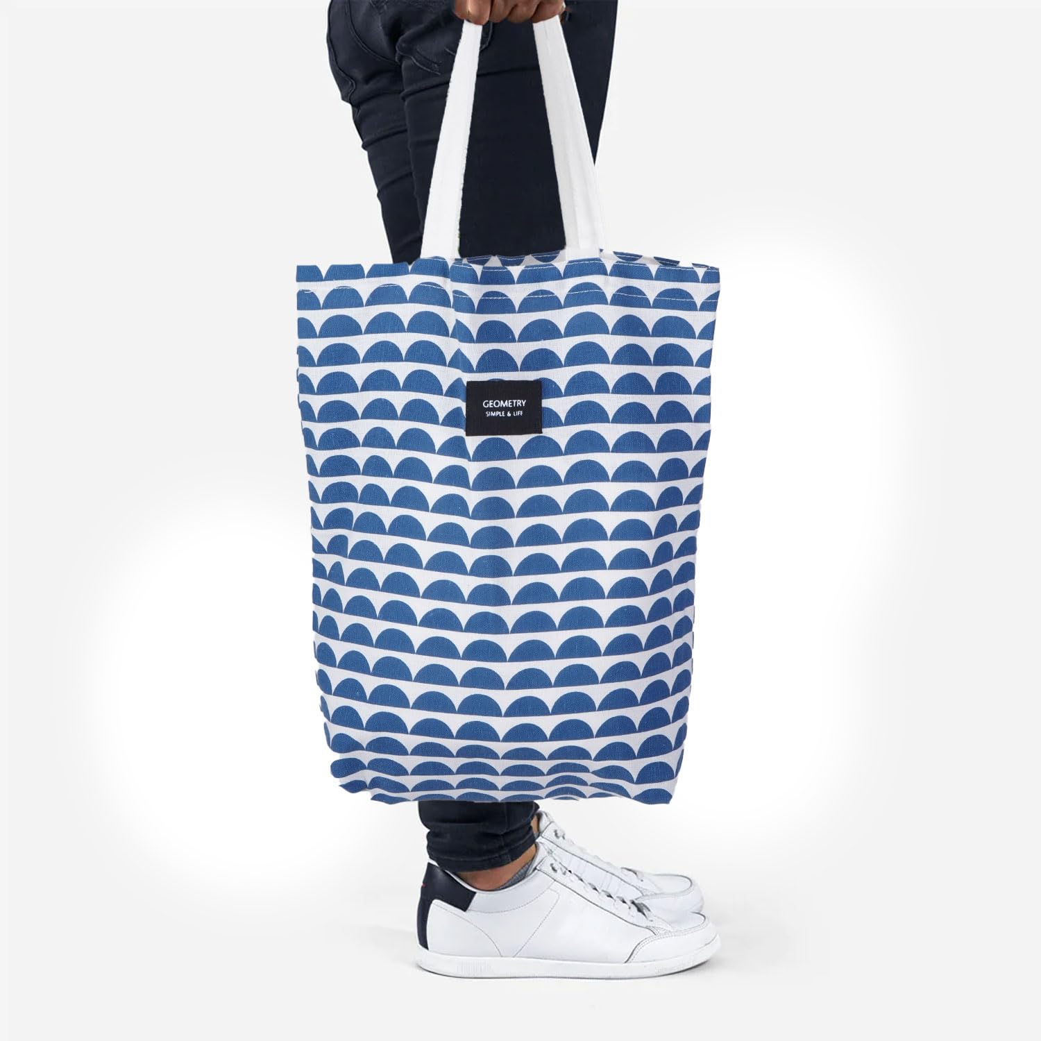 Blissowl Cotton Canvas Tote Bag with Zipper, Large Capacity Shopping Bags, Reusable Printed Bags for Grocery, Shopping, Work & Beach - White and Blue (16.5 x 14.5Inch)