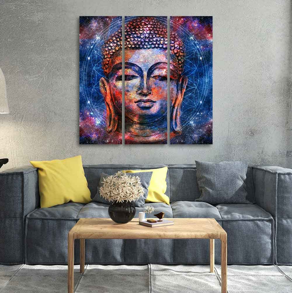 VIBECRAFTS 3 Pieces Buddha Head Canvas Wall Painting Fitted With Wooden Frame For Home | Office | Living Room | Gifts (PTVC3Pcs1_9515)