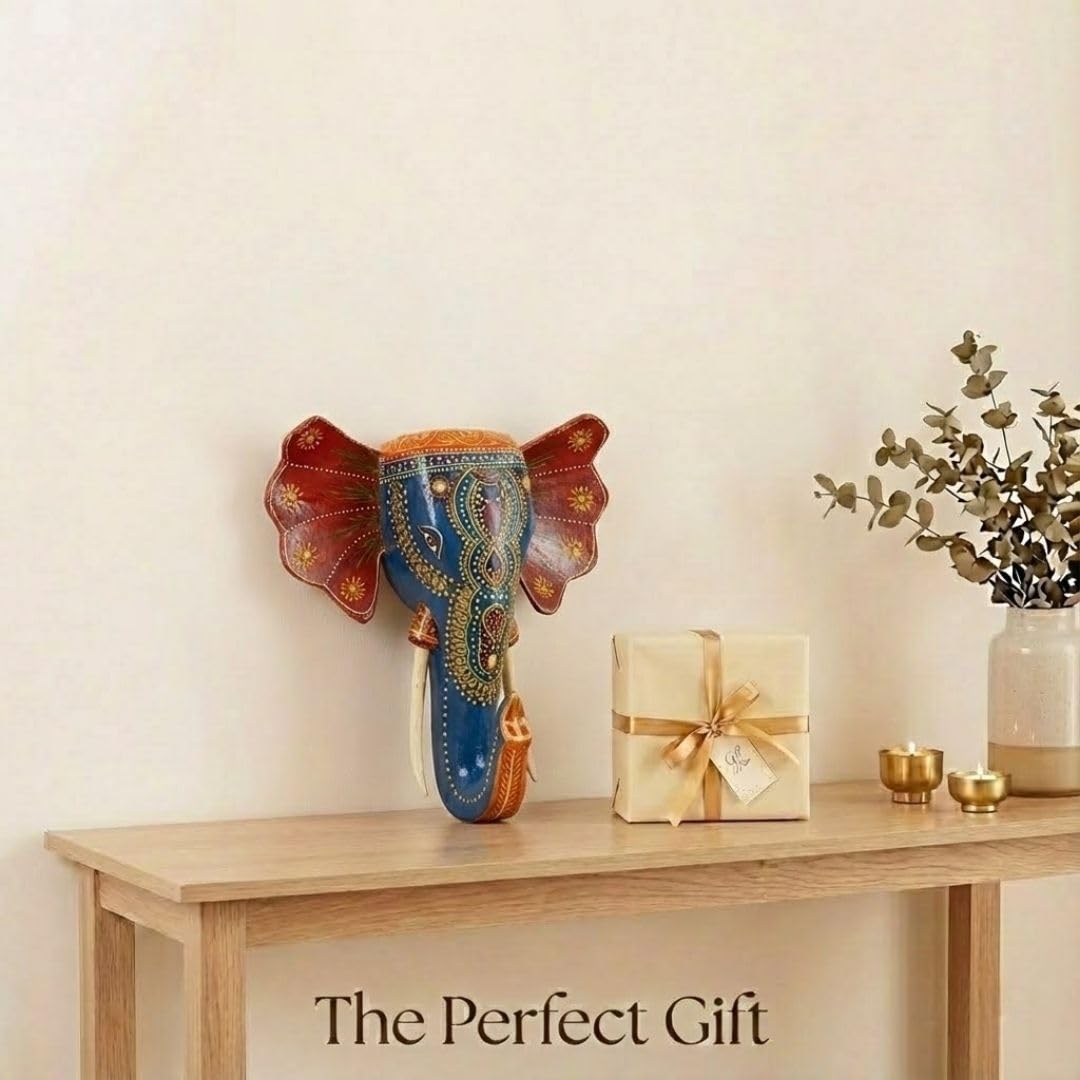 ATRANGI STUDIO Handpainted Wooden Elephant Wall Decor | Ethnic Wooden Wall Art | Symbol of Strength & Wisdom | Wall Hanging for Home, Corridor & Balcony | Ready to Hang | 11 Inch, Blue