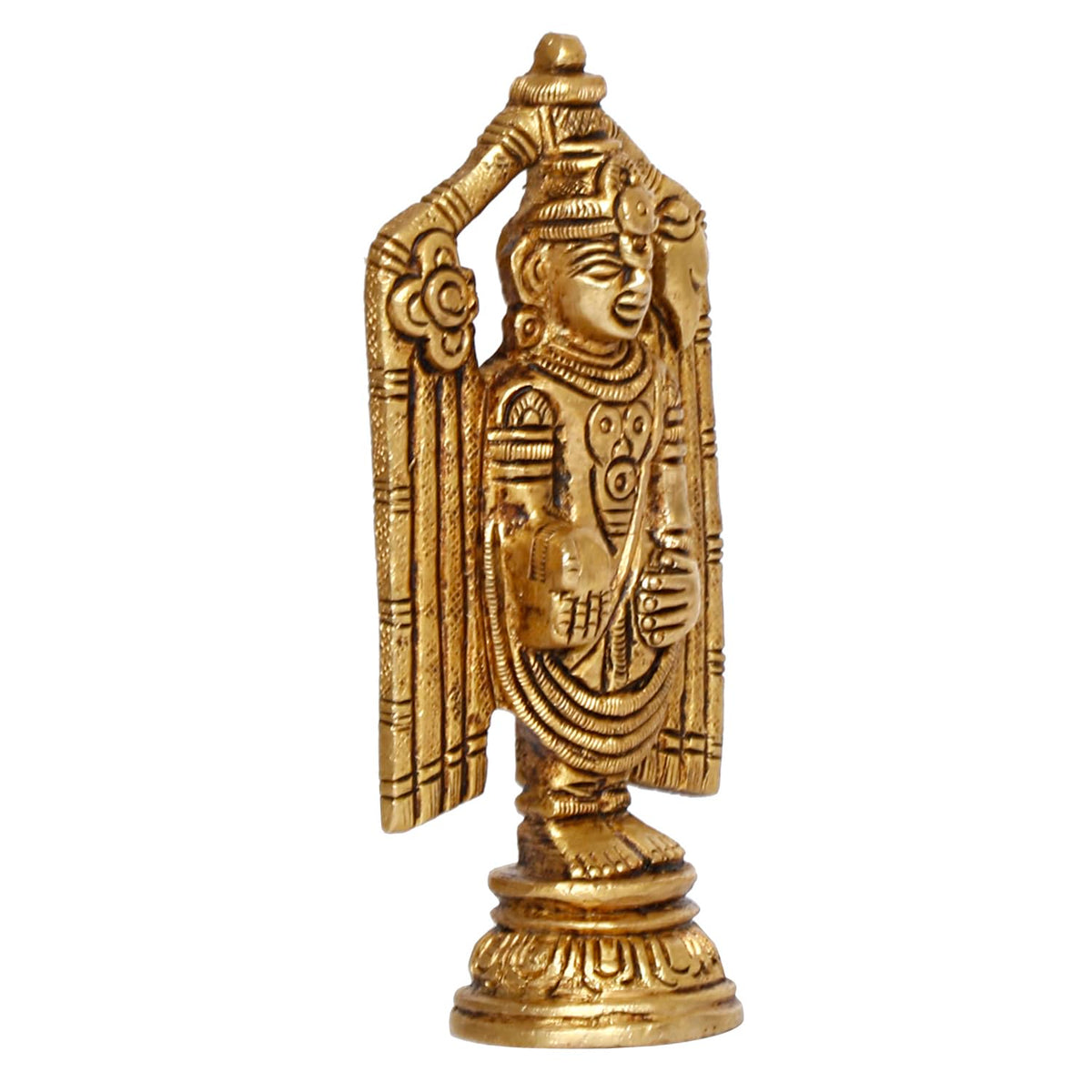ARTVARKO Brass Tirupati Balaji Venkateshwara Idol Vishnu Chakra Namah Shankh Statue Murti Lord Srinivasa Pooja Vastu Religious Idol for Home Office Temple Decor Gift 4.5 Inch.