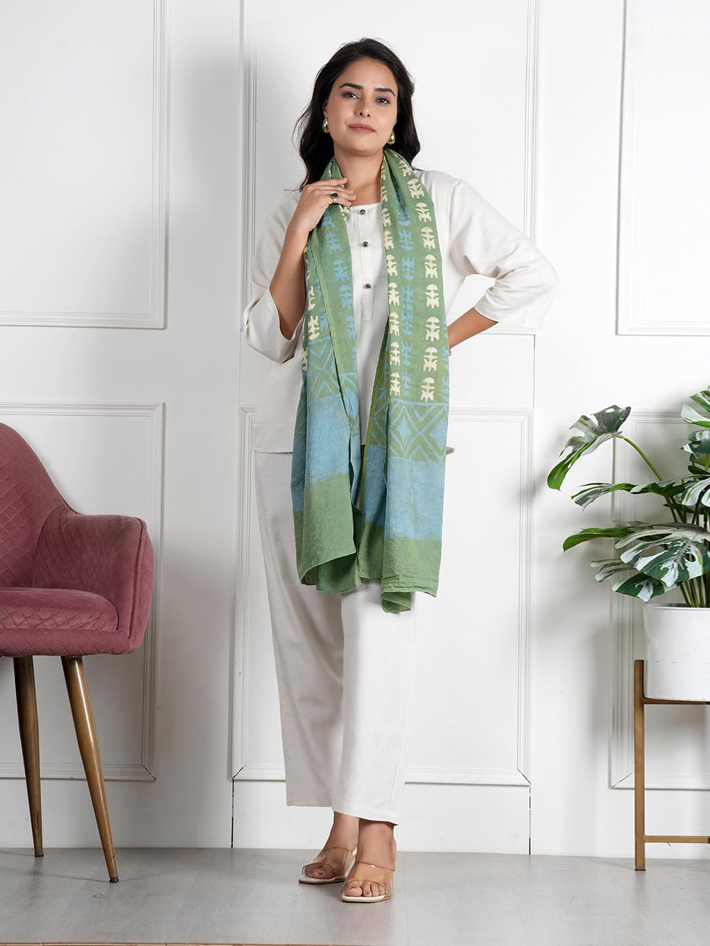 RAI SAHAB Printed Cotton Scarf for Women, Lightweight Soft Scarves Stoles for Summer & Winter(ST-76GRN10)