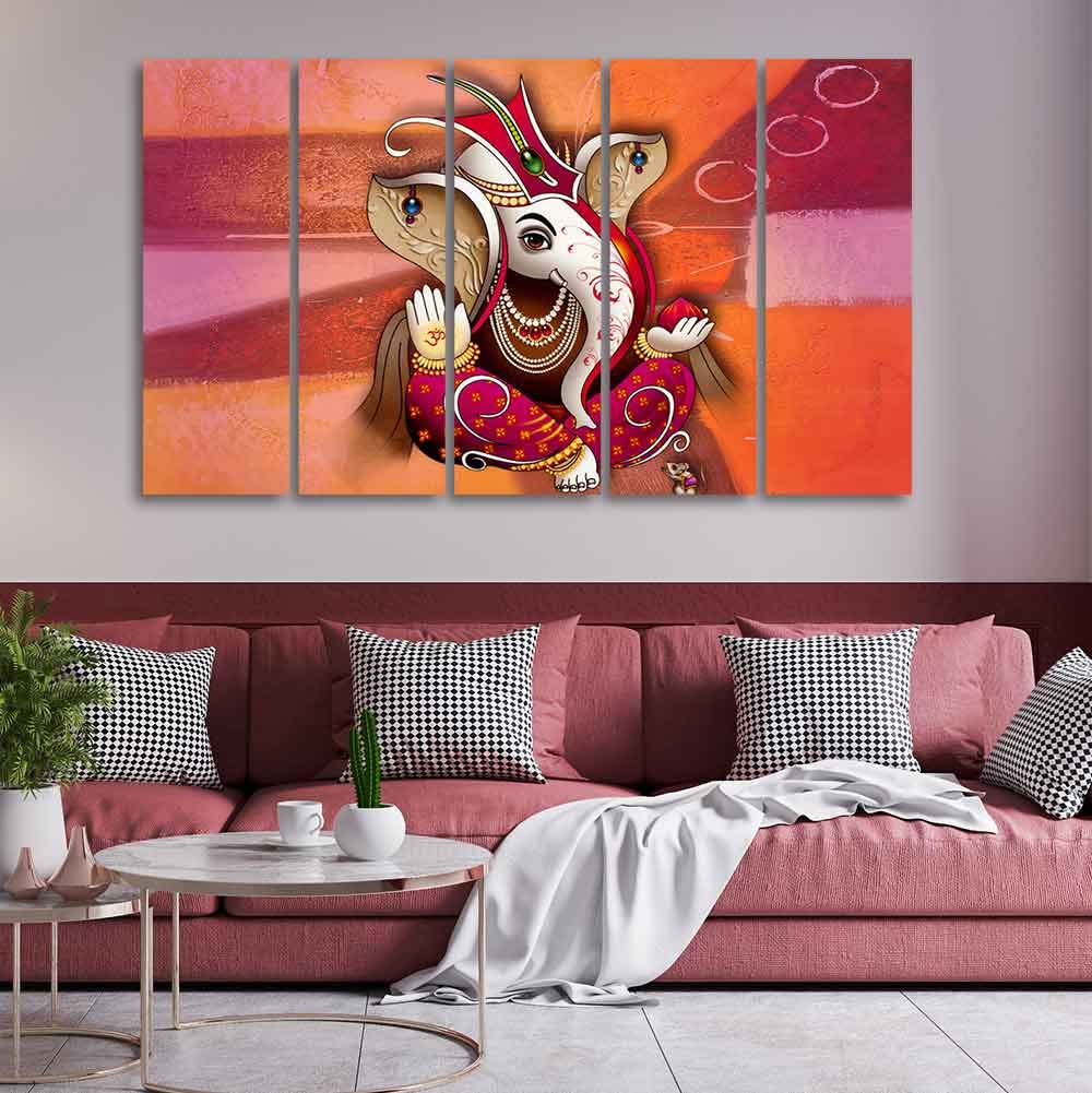 VIBECRAFTS Traditional Shree Ganesh 5 Pieces Canvas Wall Painting For Home | Office | Living Room | Gift (PTVC5Pcs4_8531)