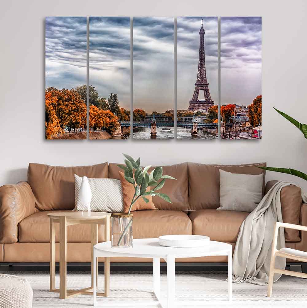 VIBECRAFTS Eiffel Tower and Seine River Bedroom Wall Painting of Five Pieces For Home|Office|Living Room|Gift (PTVC5Pcs4_8657)