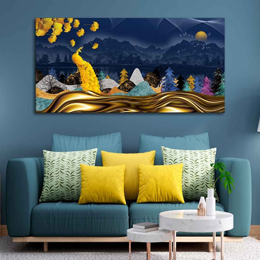 VIBECRAFTS Canvas Paintings for Living Room Drawing Room Golden Peacock In Dark Forest Canvas Wall Painting Fitted With Wooden Frame For Home | Office | Living Room | Gifts (PTVCH_2525)