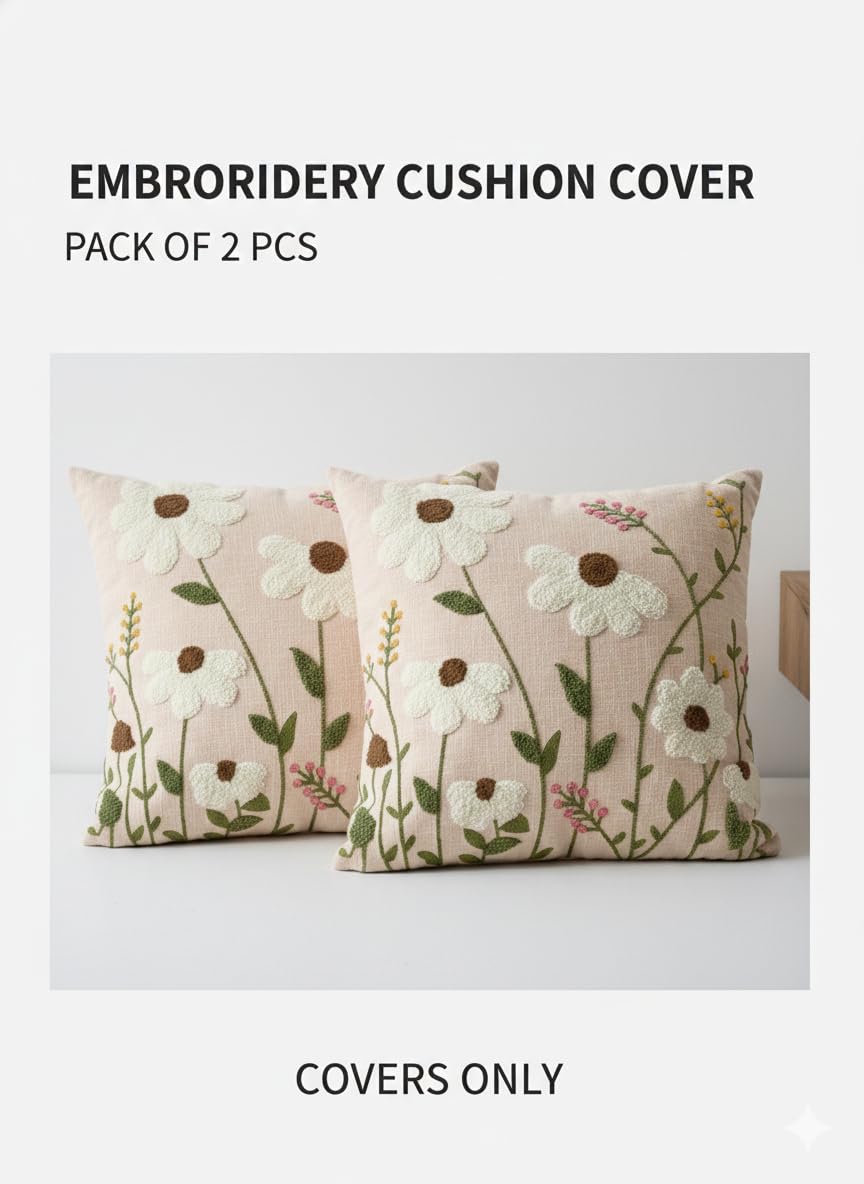 CASA-NEST Linen Embroidery Cushion Cover, Size -16x16 inch, Pack of 2 pc, Decorative Sofa Cushion (Beige, 2)