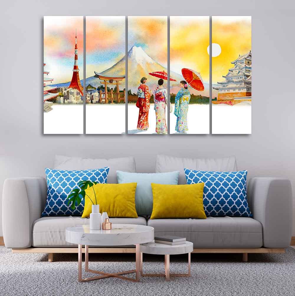 VIBECRAFTS Famous Places of Japan Canvas Wall Painting of Five Pieces For Home|Office|Living Room|Gift (PTVC5Pcs4_8666)