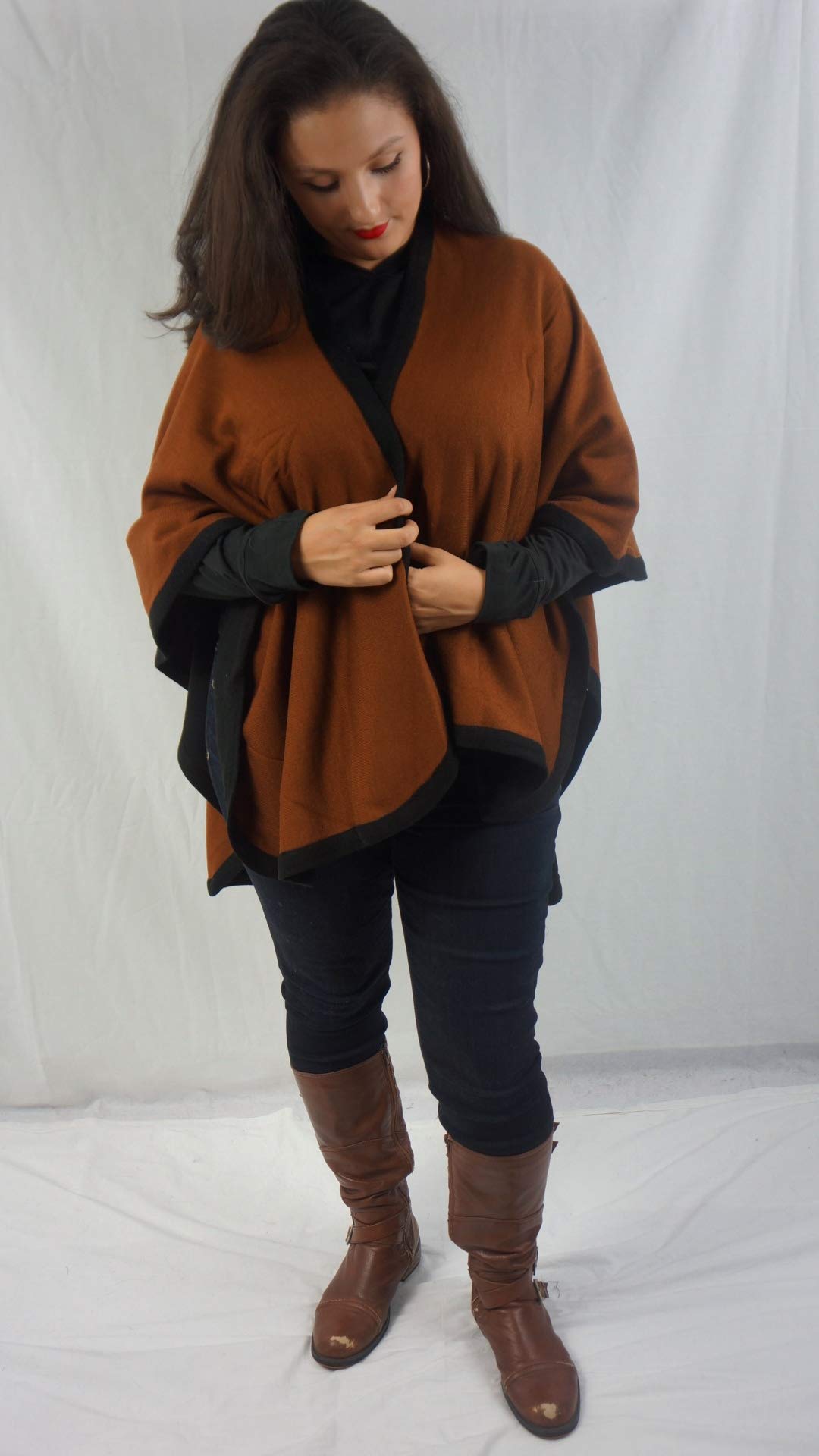 Cashmere Pashmina Group Women's Black and Chocolate Reversible Four Ply Wool Cape Coat, One Size