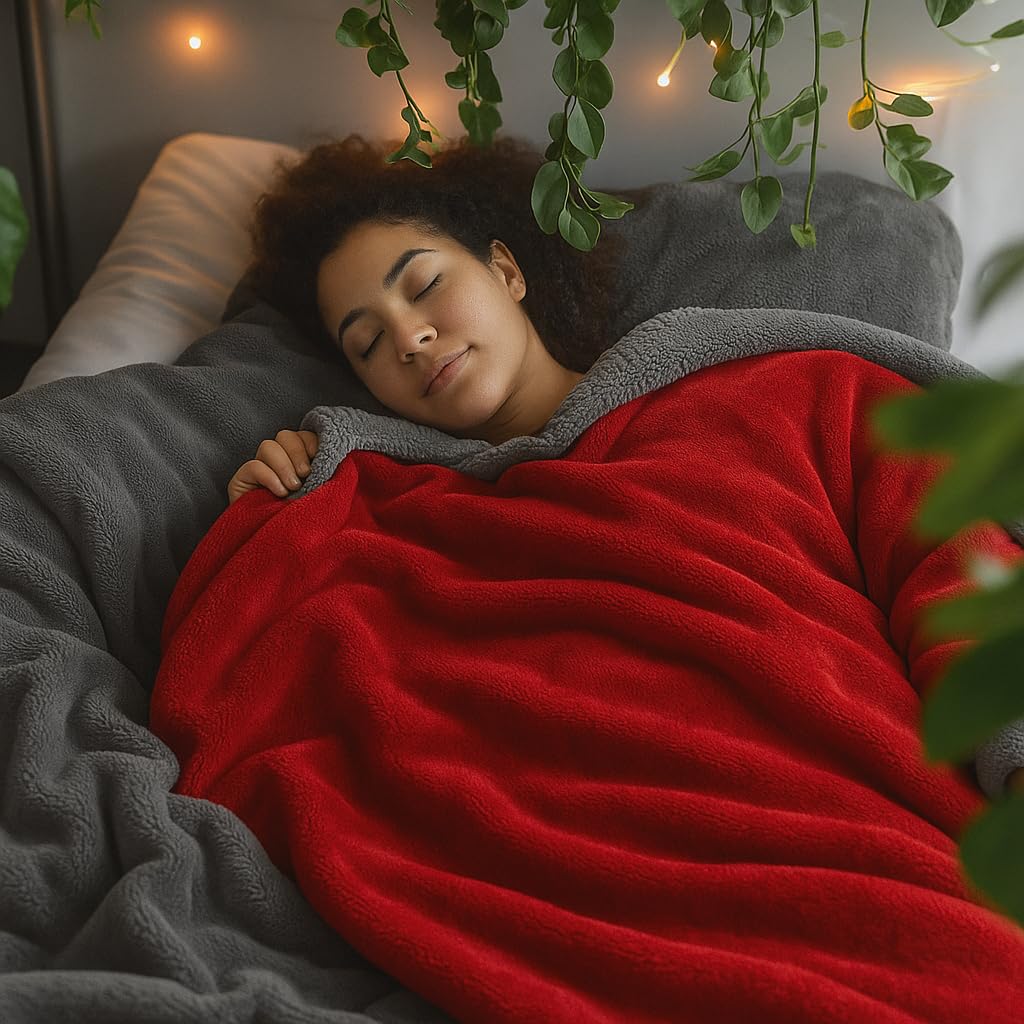 A Brand New - Umi Polyester Micromink Summer Ac/Mild Winter/Heavy Winter Sherpa Blanket Super Soft Flannel Solid/Plain, Maroon & Grey, Size 220 X 228 Cms (Double), 200 TC Kafalo